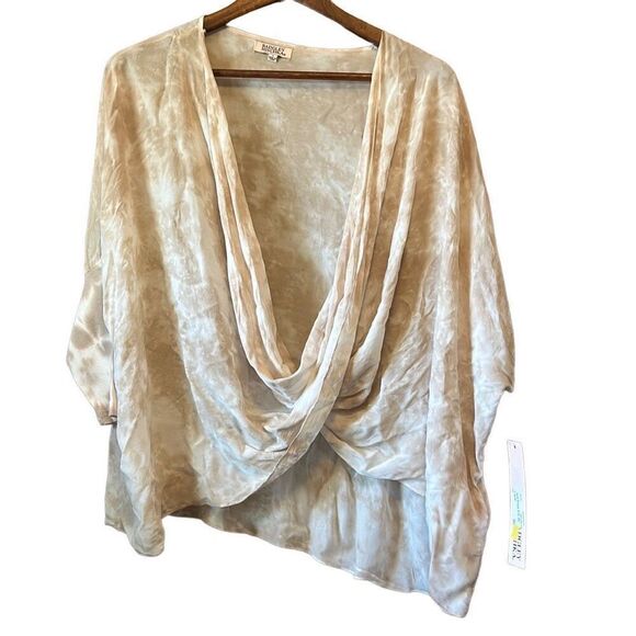 Badgley Mischka Drape Front Tie Dye Top Blouse Light Taupe Cream Flowy - Picture 1 of 5
